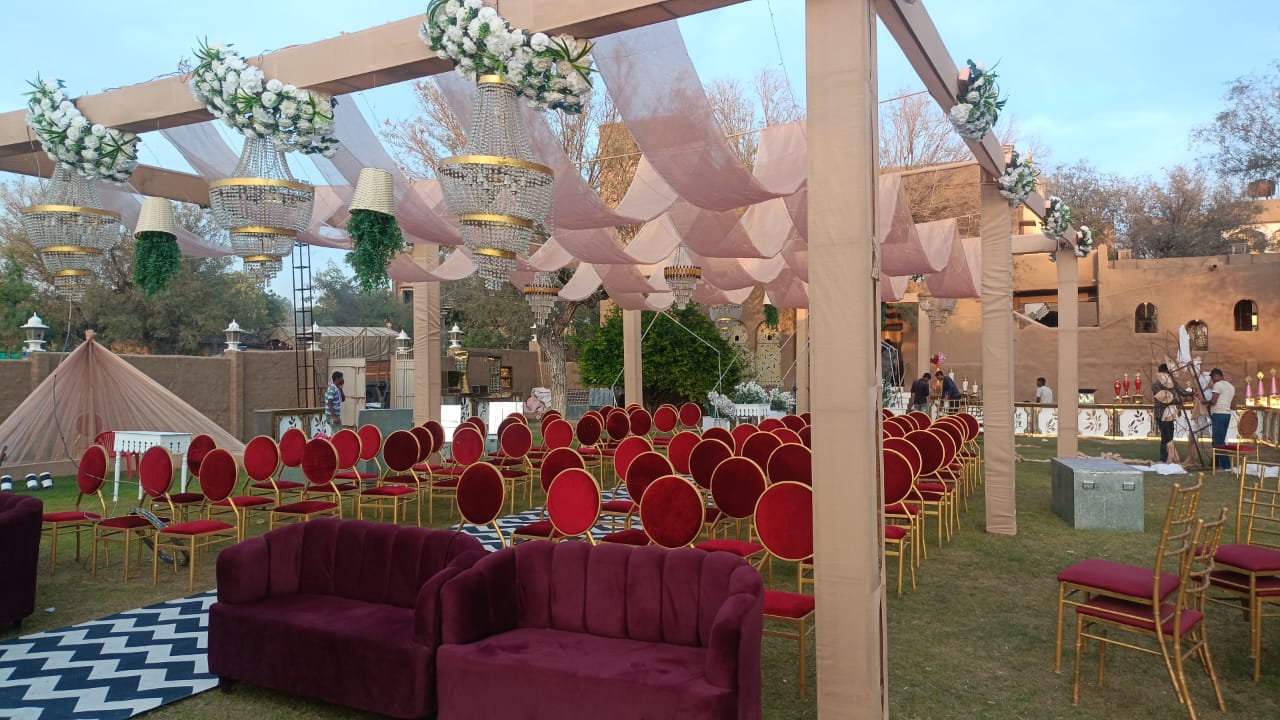 Royal stage with gold arches sunset